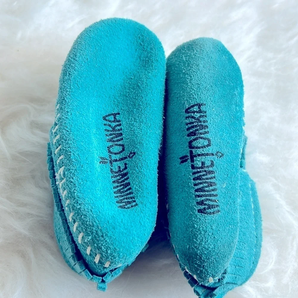 Minnetonka blue green turquoise leather crib shoes